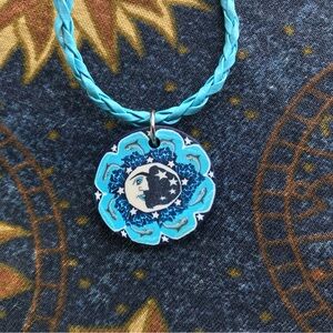 trippy blue moon celestial PU leather necklace